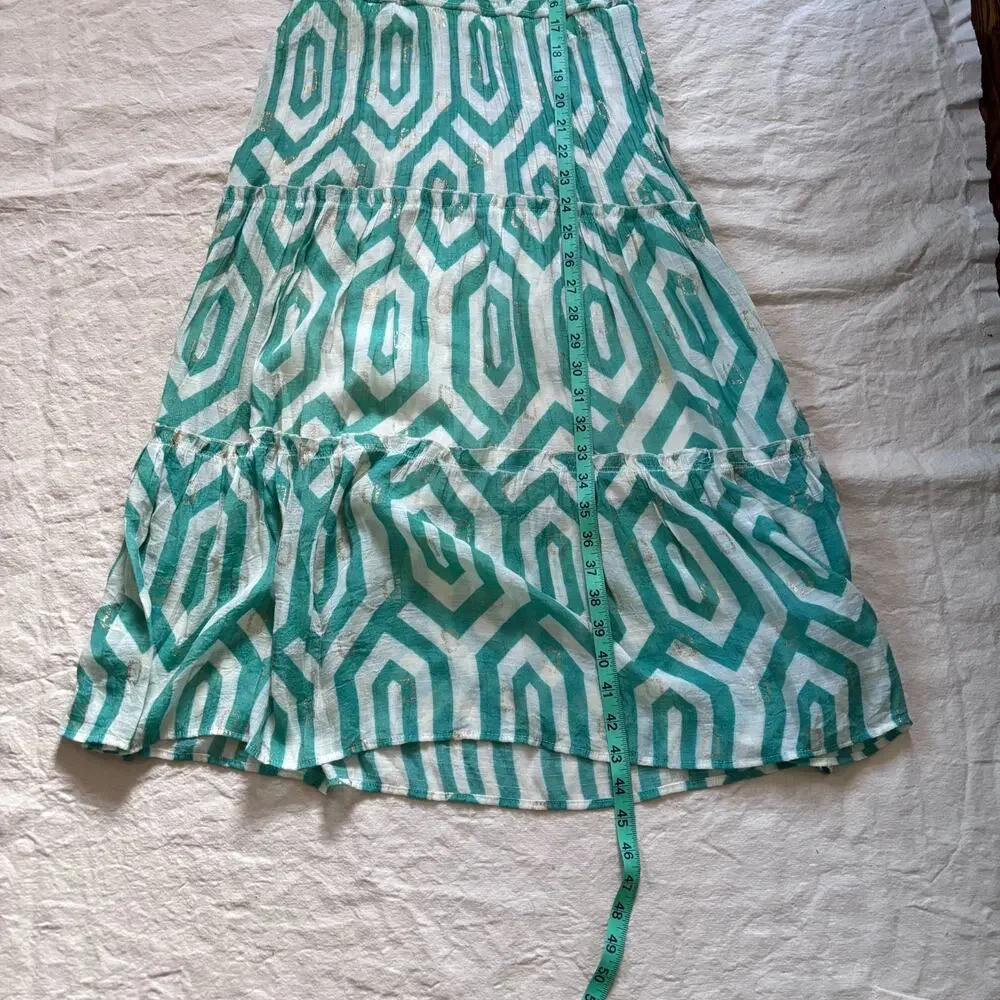 Alex & Parker Geometric Print Tiered Lightwear Resortwear Midi Dress Teal Gold S